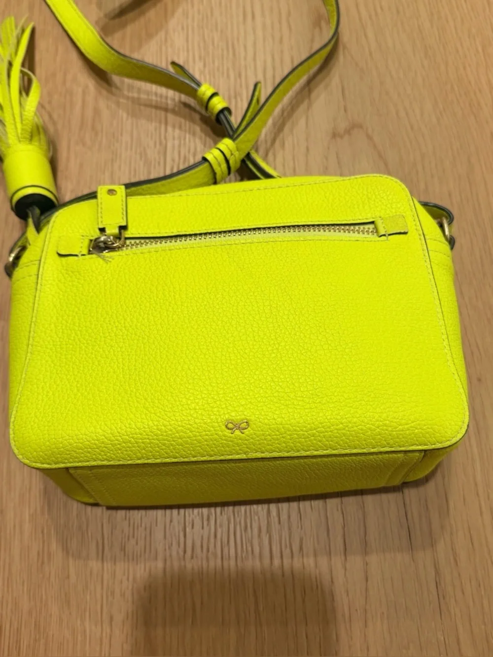 Anya Hindmarch Neon Yellow Perforated Smiley Leather Crossbody - Picture 5 of 11